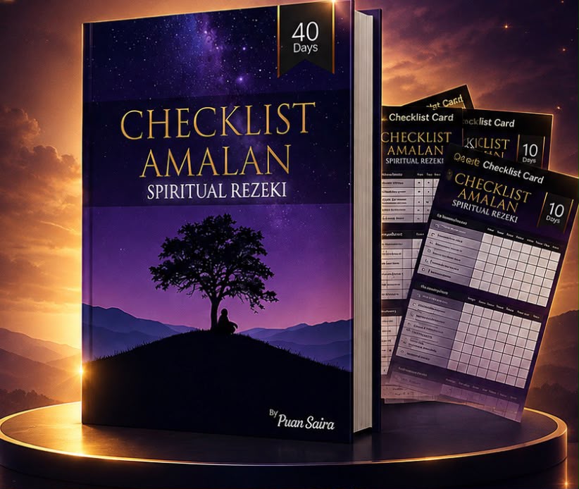 Buku Checklist Amalan Spiritual Rezeki bersama kad checklist di atas pedestal bercahaya